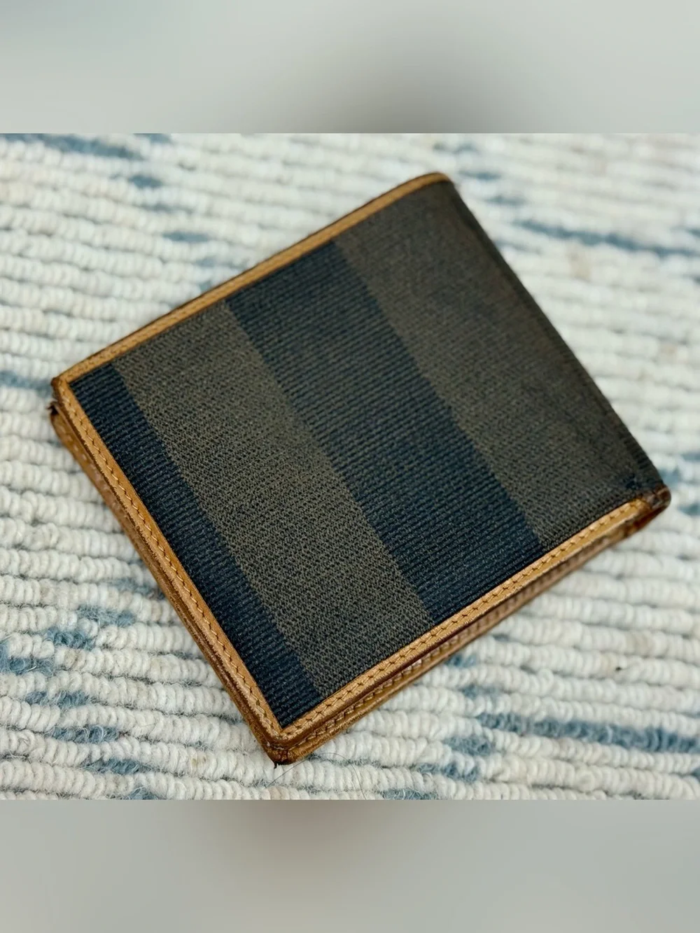 FENDI Vintage 80’s Unisex Classic Pequin Striped Canvas Brown Leather Bi Wallet - Picture 10 of 16